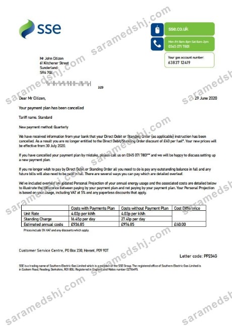 United Kingdom SSE Energy utility bill template in Word and PDF format, version 1